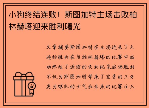 小狗终结连败！斯图加特主场击败柏林赫塔迎来胜利曙光